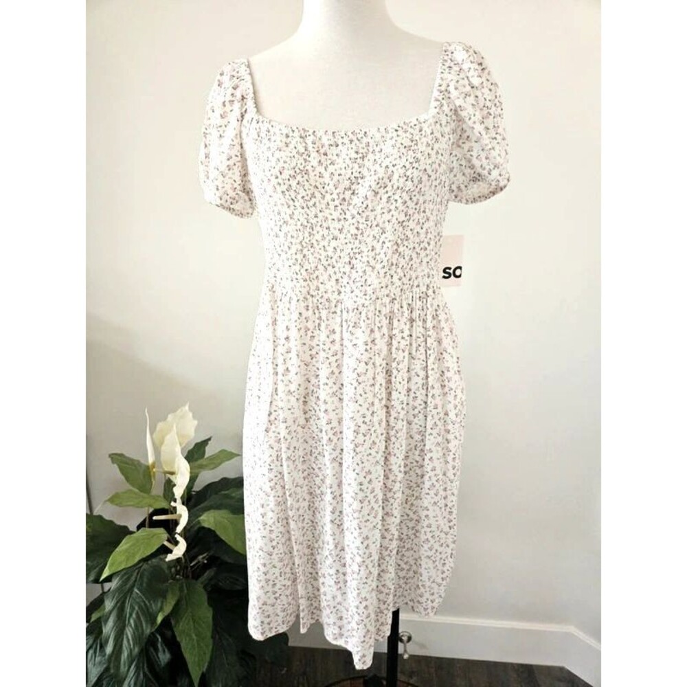 SO Cottagecore Floral Smocked Midi Dress Puff Sleeve Square Neck XL